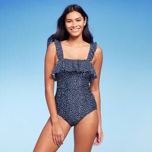 Kona Sol Women's Ruffle Full Coverage Swimsuit Blue Polka Dot Small *NEW*